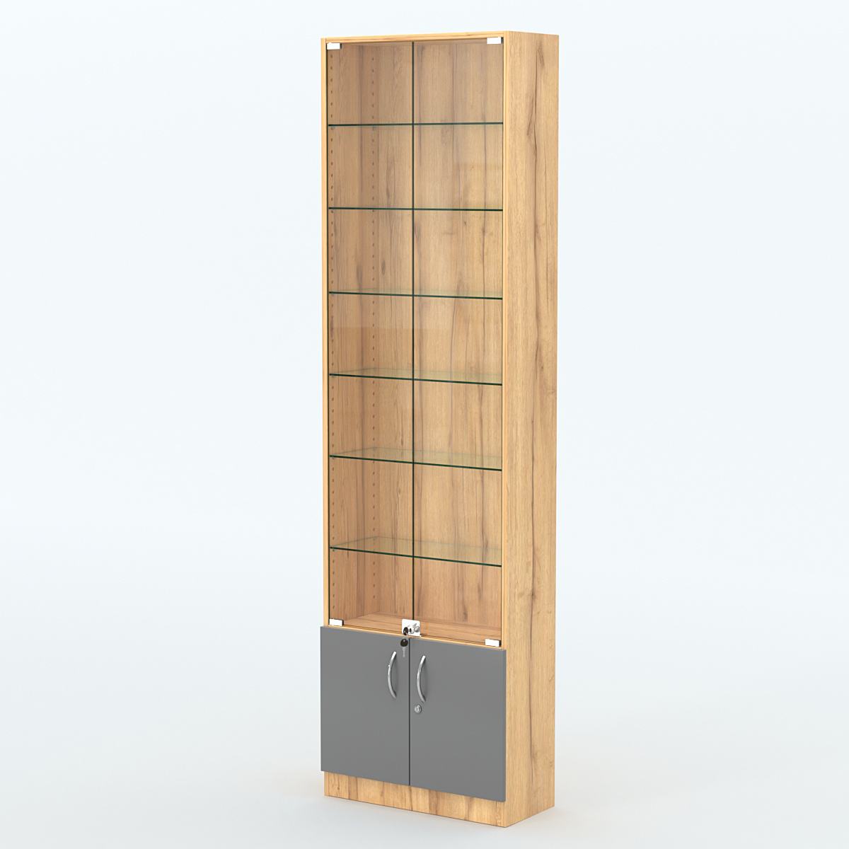 Торговая витрина с 6-ю стеклянными полками 250x600 мм серии NEXT-6 №4 (З/C - ДВП) Дуб Золотистый и Темно-Серый