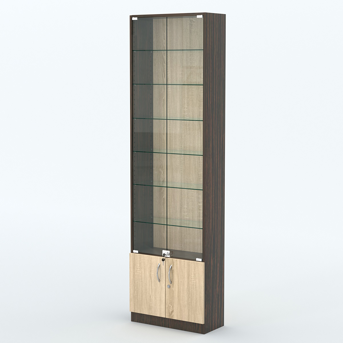 Торговая витрина с 6-ю стеклянными полками 250x600 мм серии NEXT-6 №4 (З/C - ДВП) Дуб Венге + Дуб Сонома