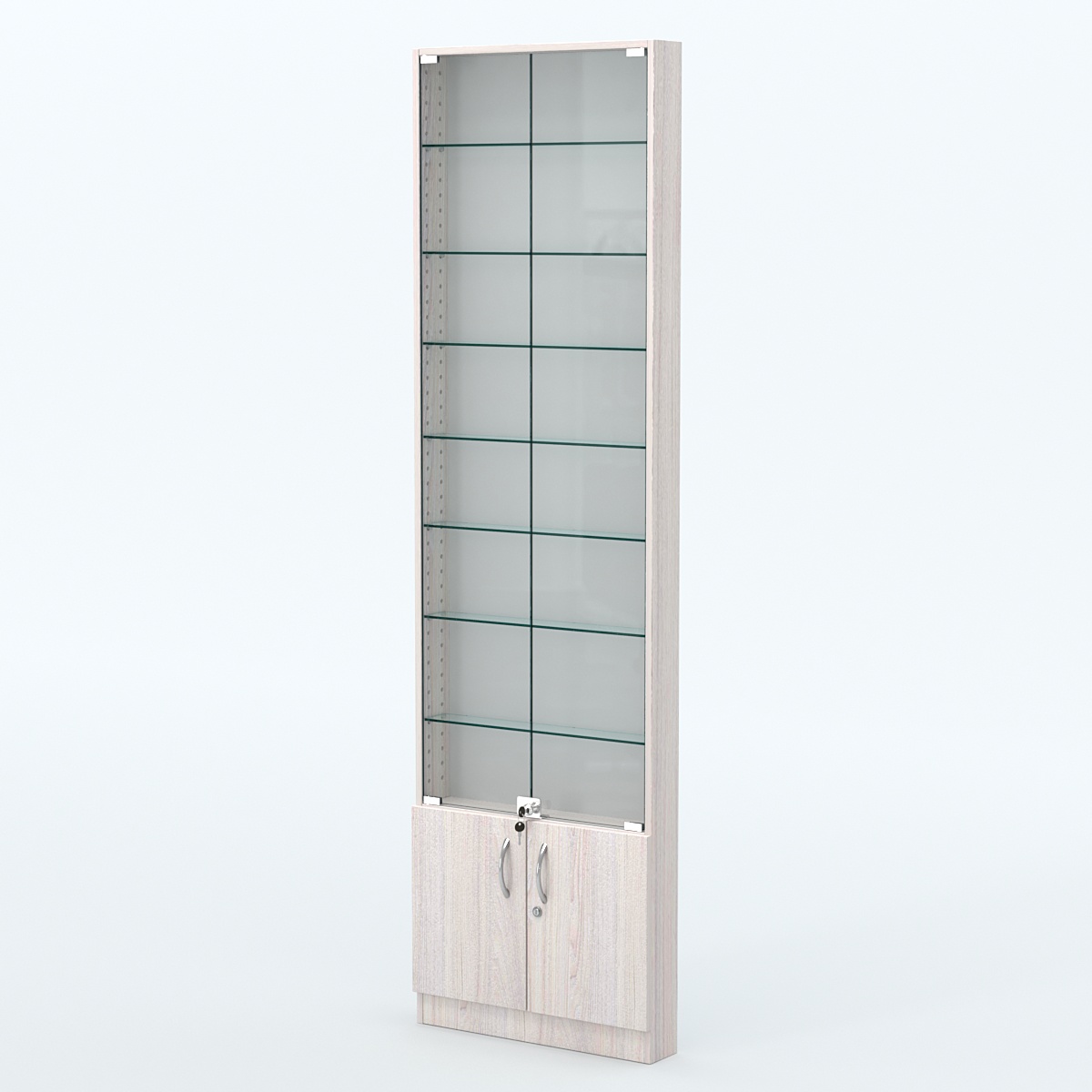 Торговая витрина с 7-ю стеклянными полками 100x600 мм серии NEXT-7 №1 (З/C - ДВП) Ясень Анкор светлый