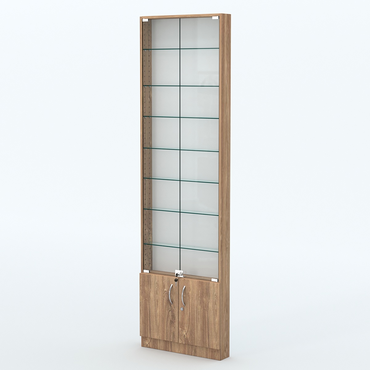 Торговая витрина с 7-ю стеклянными полками 100x600 мм серии NEXT-7 №1 (З/C - ДВП) Дуб Канзас коричневый