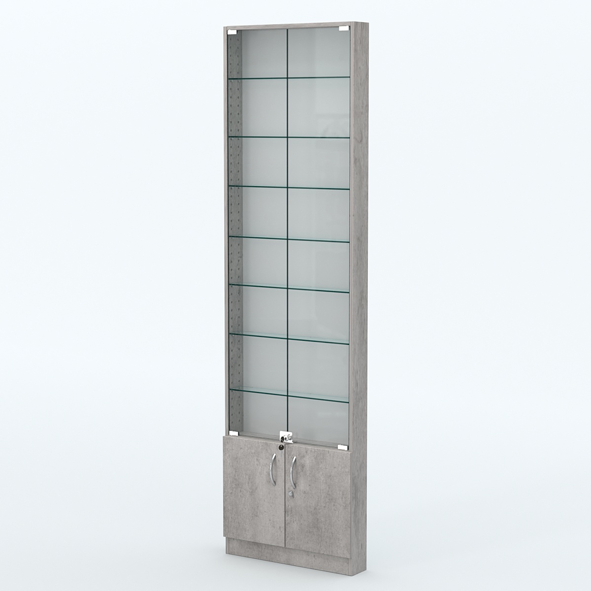 Торговая витрина с 7-ю стеклянными полками 100x600 мм серии NEXT-7 №1 (З/C - ДВП) Бетон Чикаго светло-серый F186 ST9