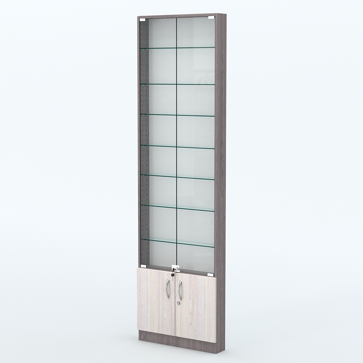 Торговая витрина с 7-ю стеклянными полками 100x600 мм серии NEXT-7 №1 (З/C - ДВП) Ясень Анкор темный + Ясень Анкор светлый