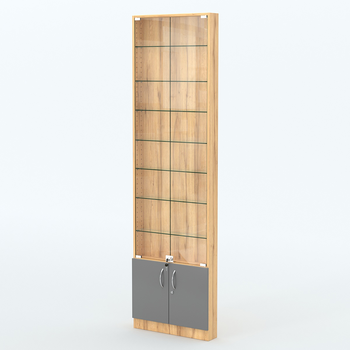 Торговая витрина с 7-ю стеклянными полками 100x600 мм серии NEXT-7 №1 (З/C - ДВП) Дуб Золотистый и Темно-Серый