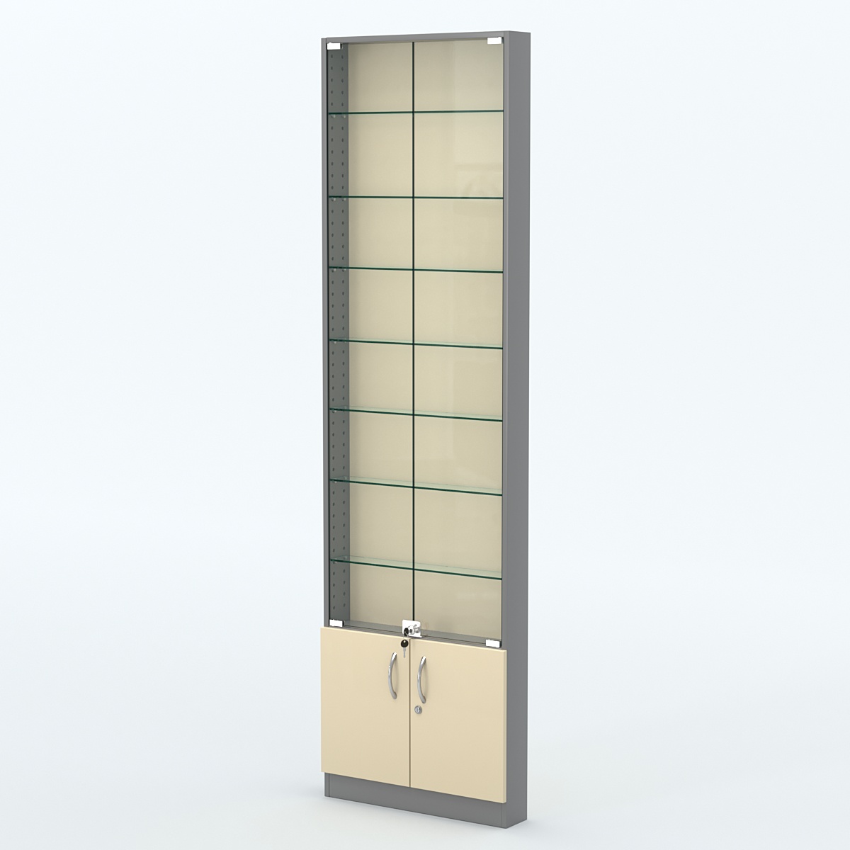 Торговая витрина с 7-ю стеклянными полками 100x600 мм серии NEXT-7 №1 (З/C - ДВП) Темно-серый + Крем Вайс