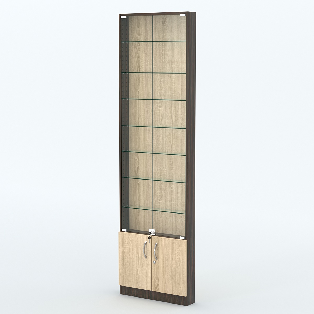 Торговая витрина с 7-ю стеклянными полками 100x600 мм серии NEXT-7 №1 (З/C - ДВП) Дуб Венге + Дуб Сонома