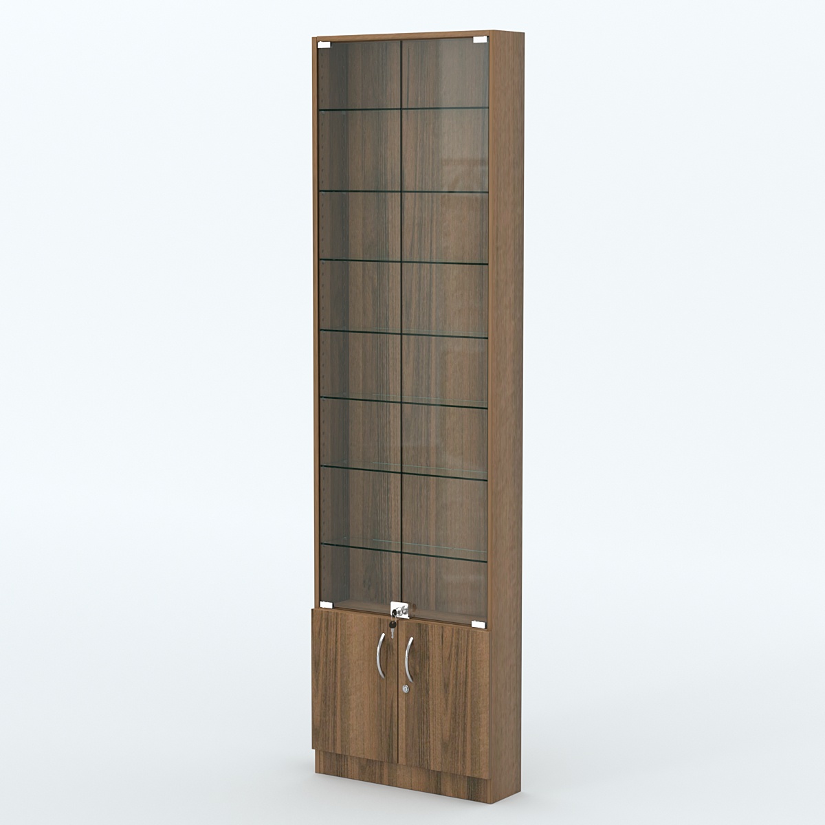 Торговая витрина с 7-ю стеклянными полками 150x600 мм серии NEXT-7 №2 (З/C - ДВП) Орех