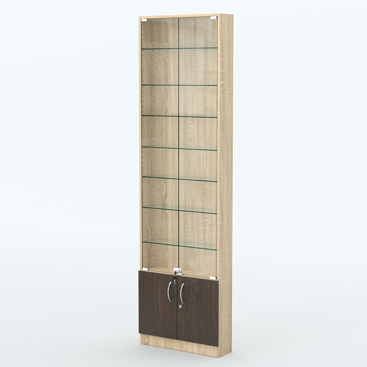 Торговая витрина с 7-ю стеклянными полками 150x600 мм серии NEXT-7 №2 (З/C - ДВП) Дуб Сонома + Дуб Венге