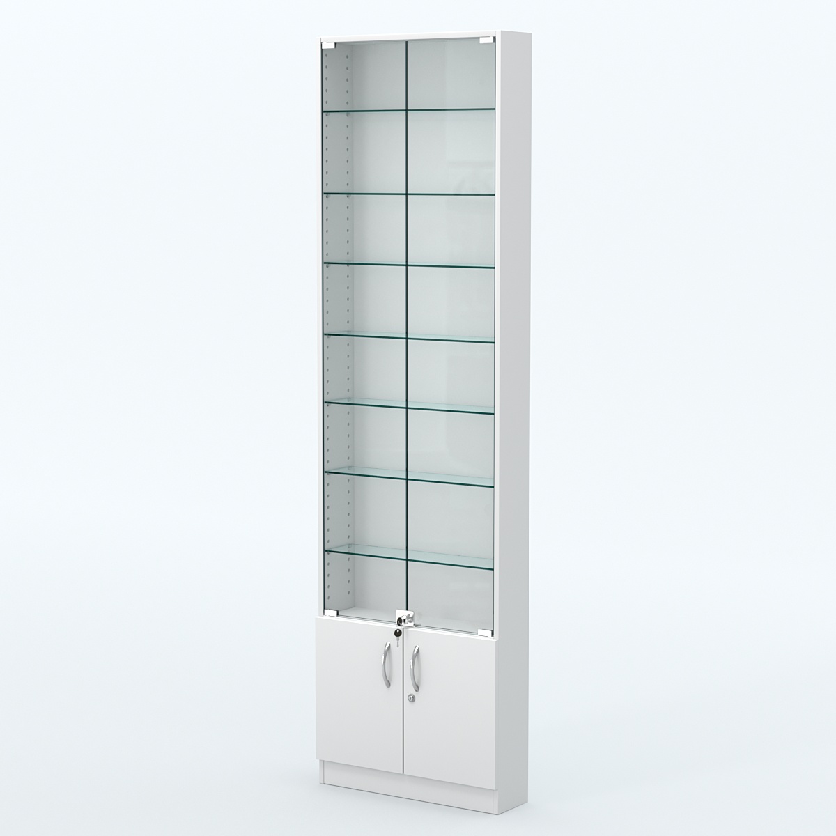 Торговая витрина с 7-ю стеклянными полками 150x600 мм серии NEXT-7 №2 (З/C - ДВП) Белый