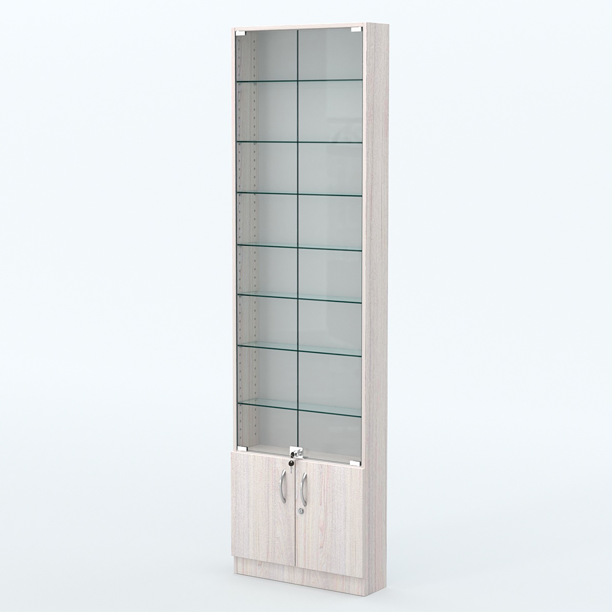 Торговая витрина с 7-ю стеклянными полками 150x600 мм серии NEXT-7 №2 (З/C - ДВП) Ясень Анкор светлый