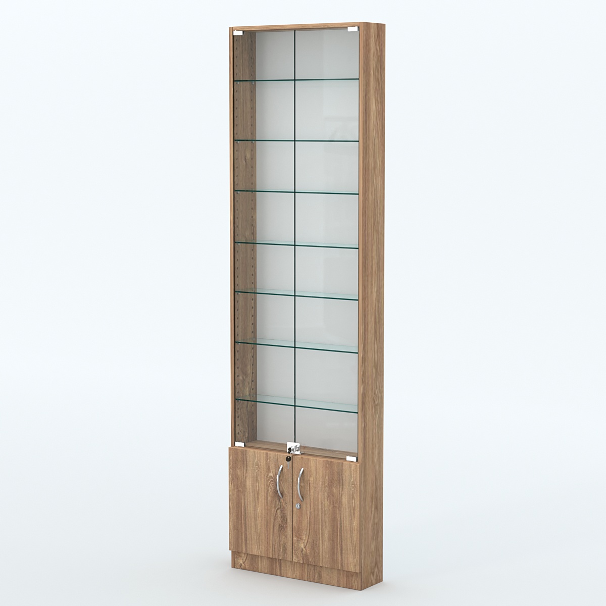 Торговая витрина с 7-ю стеклянными полками 150x600 мм серии NEXT-7 №2 (З/C - ДВП) Дуб Канзас коричневый