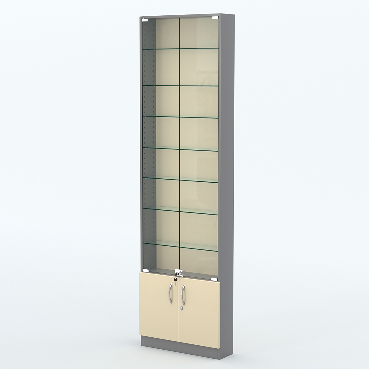 Торговая витрина с 7-ю стеклянными полками 150x600 мм серии NEXT-7 №2 (З/C - ДВП) Темно-серый + Крем Вайс