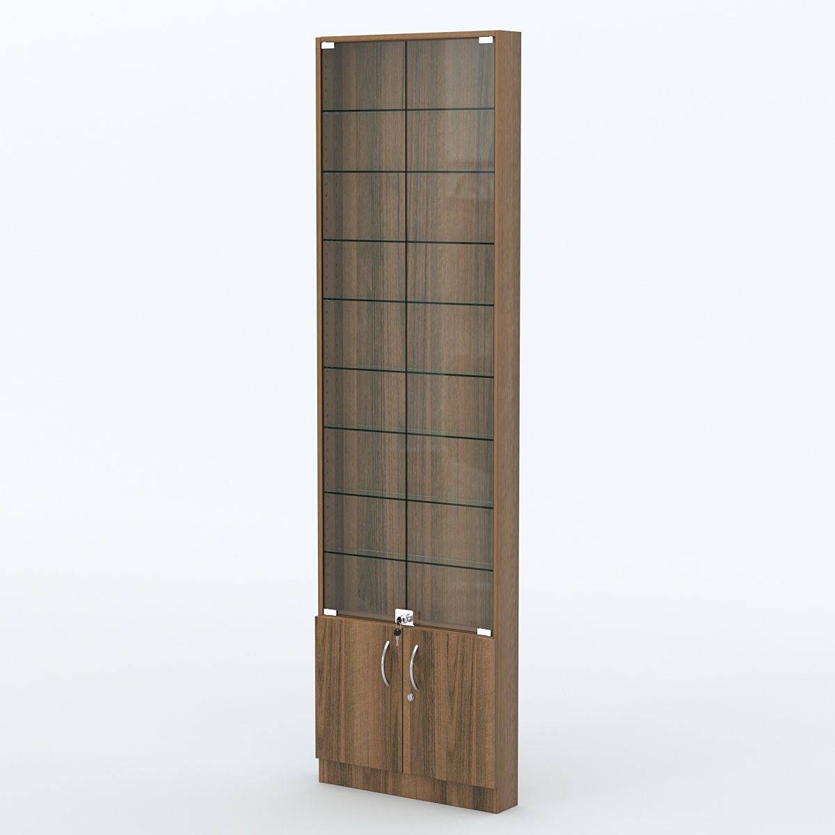 Торговая витрина с 8-ю стеклянными полками 100x600 мм серии NEXT-8 №1 (З/C - ДВП) Орех