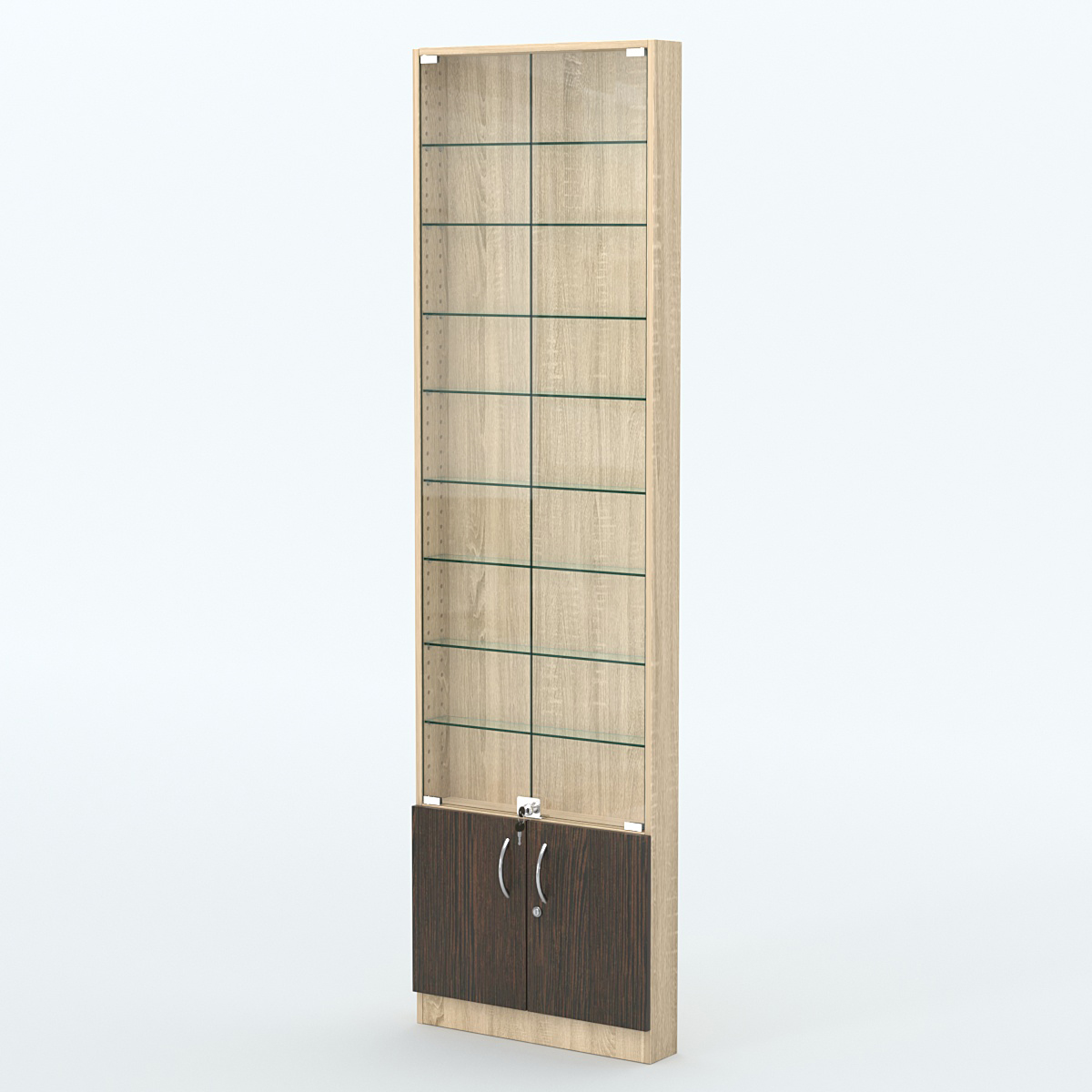 Торговая витрина с 8-ю стеклянными полками 100x600 мм серии NEXT-8 №1 (З/C - ДВП) Дуб Сонома + Дуб Венге