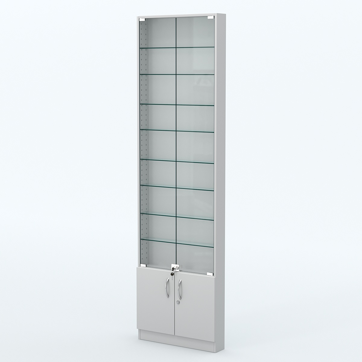 Торговая витрина с 8-ю стеклянными полками 100x600 мм серии NEXT-8 №1 (З/C - ДВП) Серый