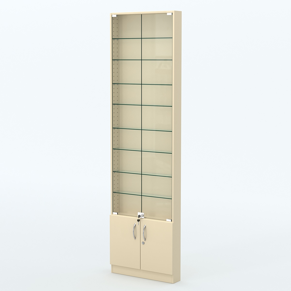 Торговая витрина с 8-ю стеклянными полками 100x600 мм серии NEXT-8 №1 (З/C - ДВП) Крем Вайс