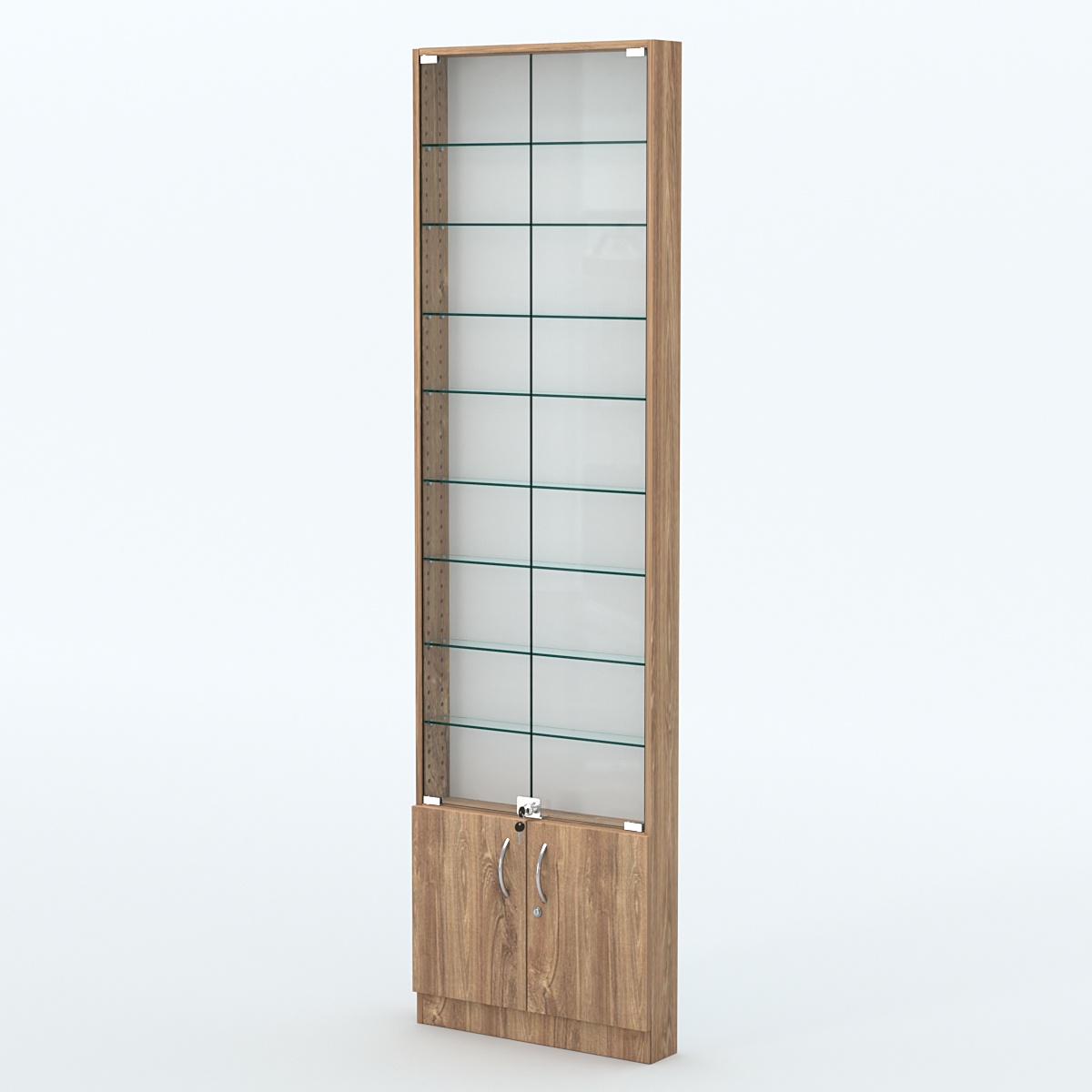 Торговая витрина с 8-ю стеклянными полками 100x600 мм серии NEXT-8 №1 (З/C - ДВП) Дуб Канзас коричневый