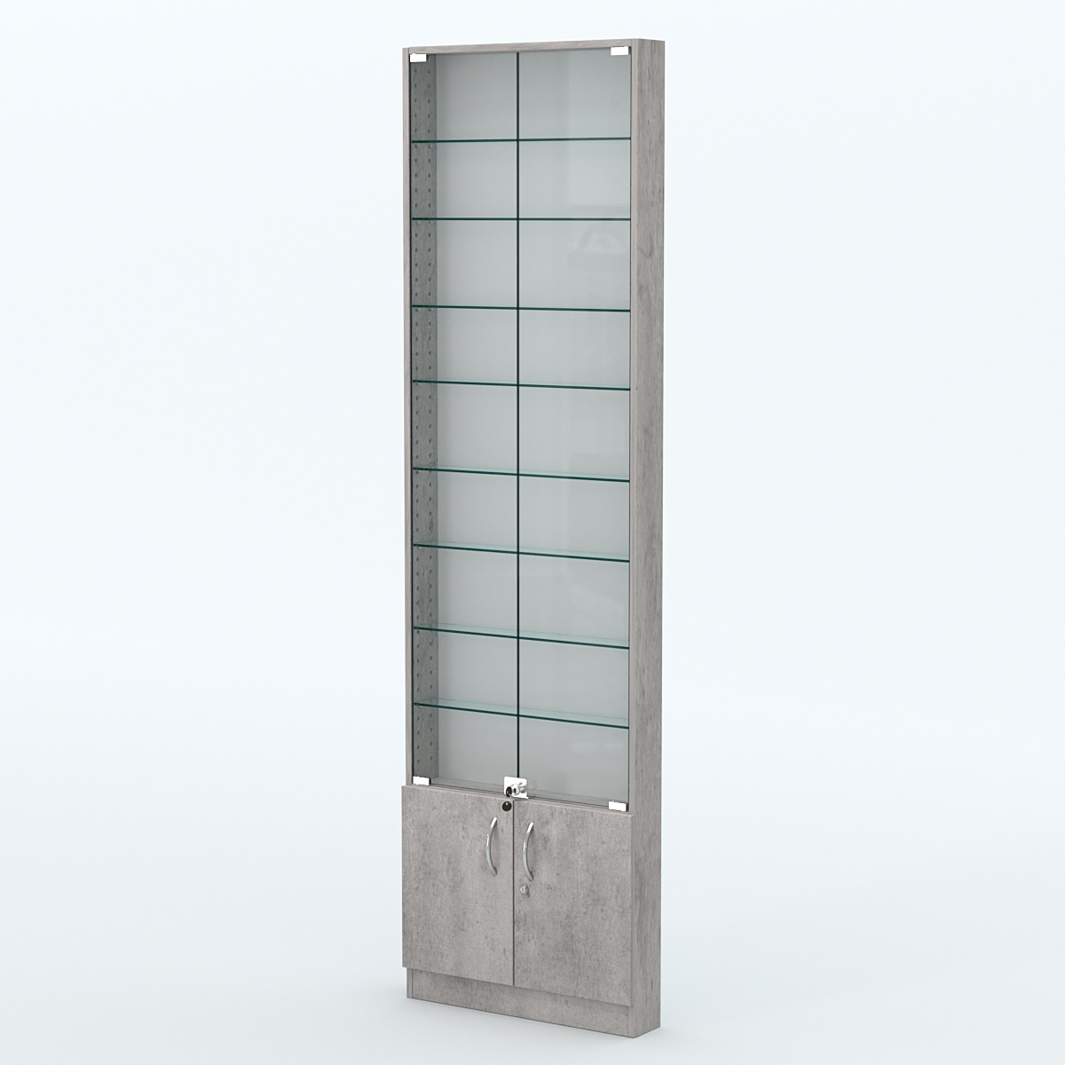 Торговая витрина с 8-ю стеклянными полками 100x600 мм серии NEXT-8 №1 (З/C - ДВП) Бетон Чикаго светло-серый F186 ST9