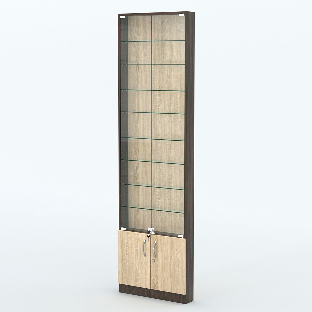 Торговая витрина с 8-ю стеклянными полками 100x600 мм серии NEXT-8 №1 (З/C - ДВП) Дуб Венге + Дуб Сонома