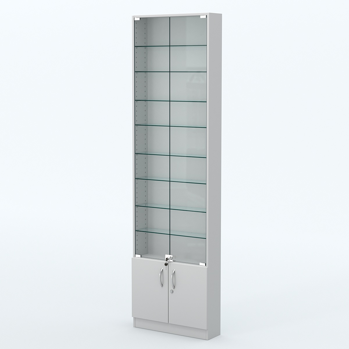 Торговая витрина с 8-ю стеклянными полками 150x600 мм серии NEXT-8 №2 (З/C - ДВП) Серый