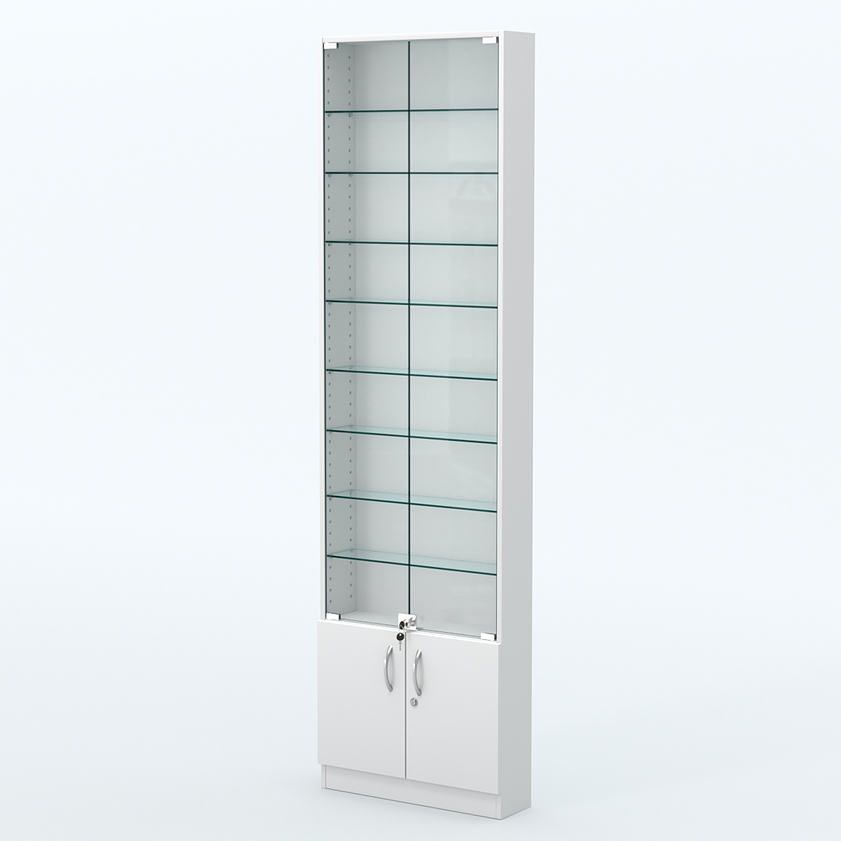 Торговая витрина с 8-ю стеклянными полками 150x600 мм серии NEXT-8 №2 (З/C - ДВП) Белый