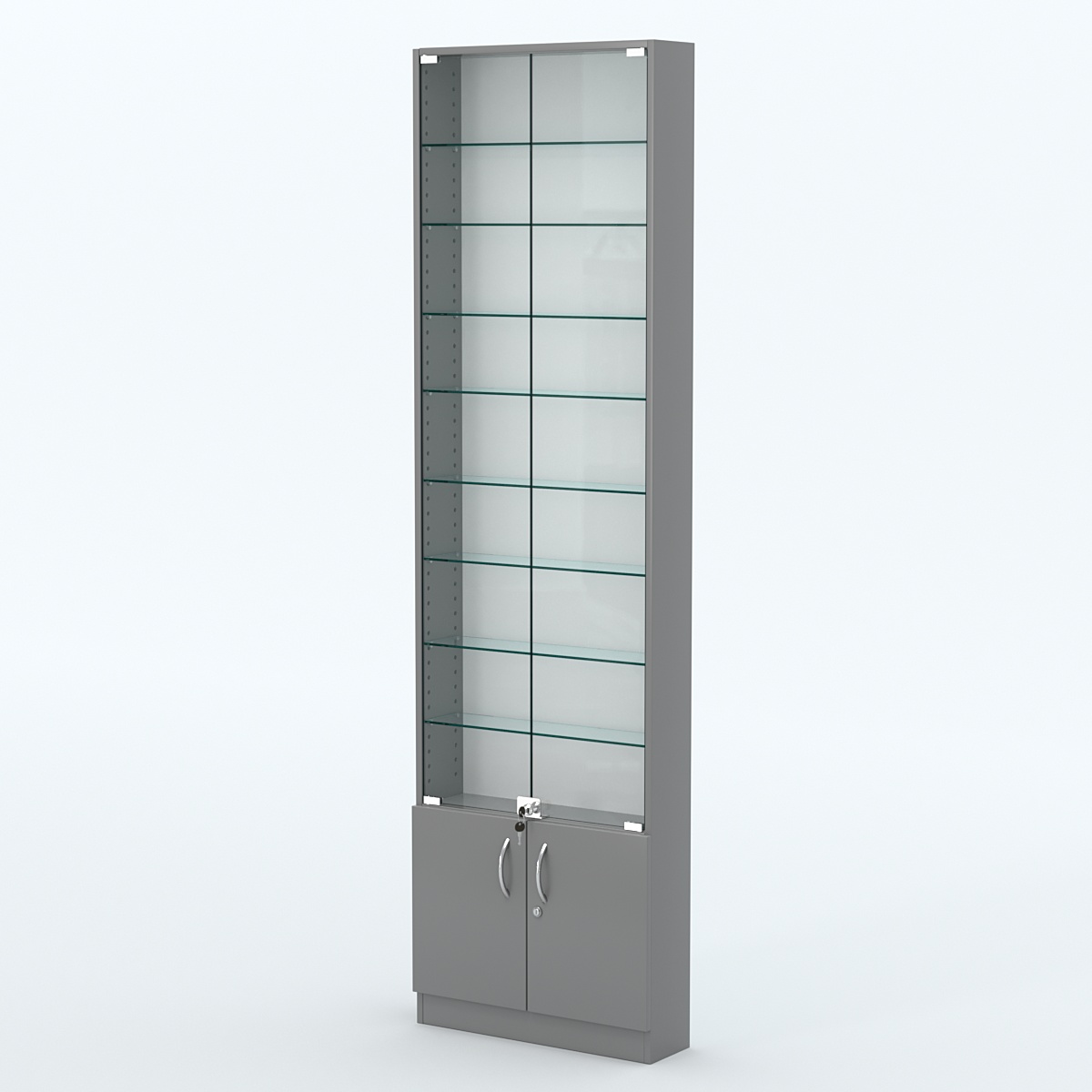 Торговая витрина с 8-ю стеклянными полками 150x600 мм серии NEXT-8 №2 (З/C - ДВП) Темно-Серый