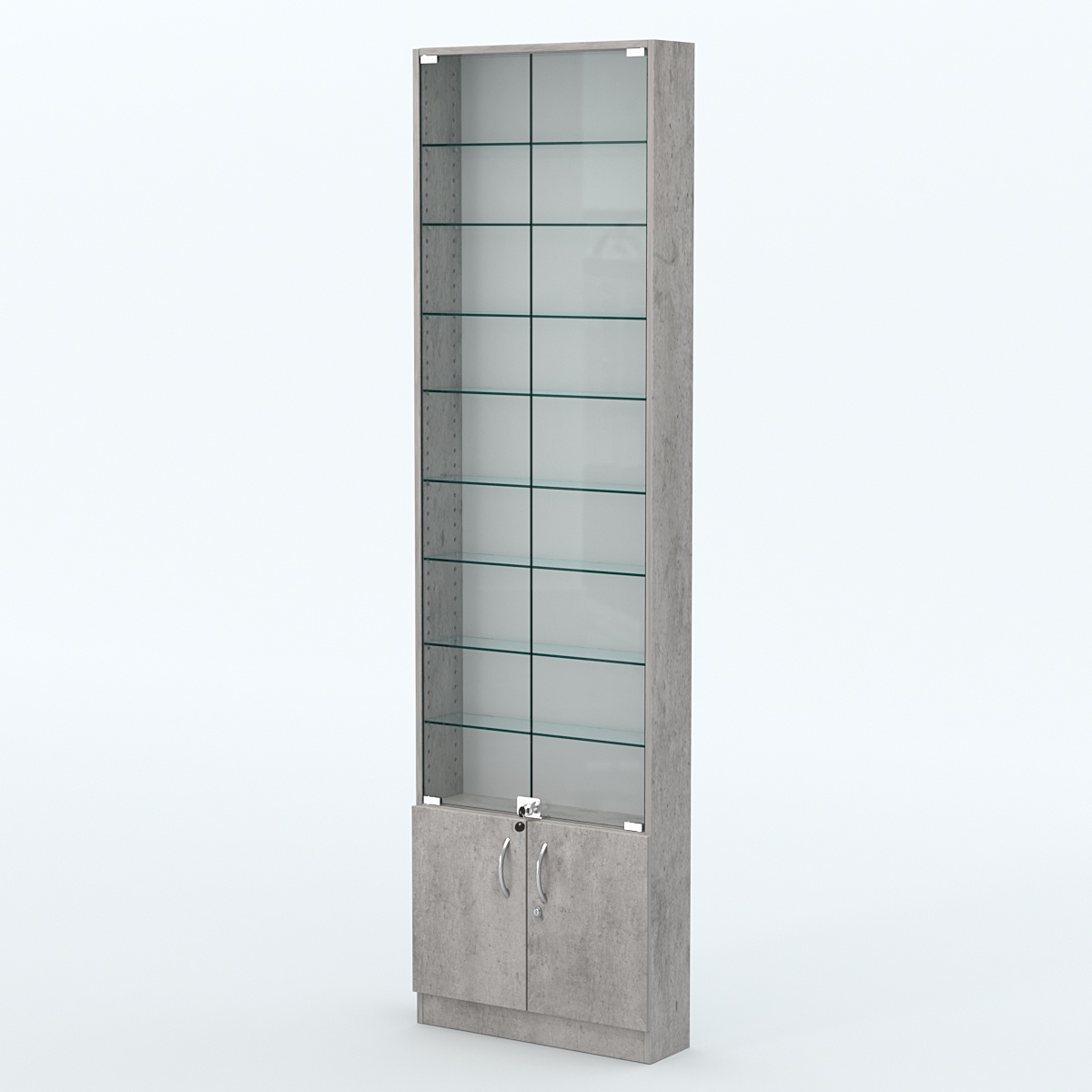 Торговая витрина с 8-ю стеклянными полками 150x600 мм серии NEXT-8 №2 (З/C - ДВП) Бетон Чикаго светло-серый F186 ST9