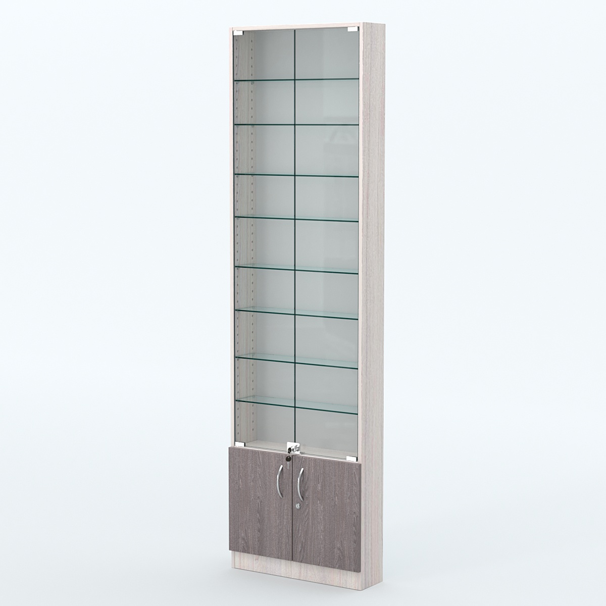 Торговая витрина с 8-ю стеклянными полками 150x600 мм серии NEXT-8 №2 (З/C - ДВП) Ясень Анкор светлый + Ясень Анкор темный