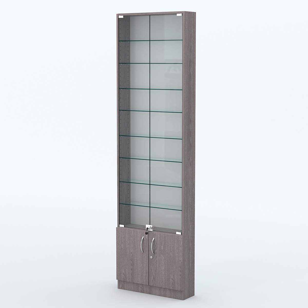 Торговая витрина с 8-ю стеклянными полками 150x600 мм серии NEXT-8 №2 (З/C - ДВП) Ясень Анкор темный
