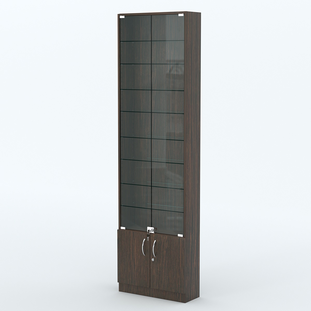 Торговая витрина с 8-ю стеклянными полками 200x600 мм серии NEXT-8 №3 (З/C - ДВП) Дуб Венге