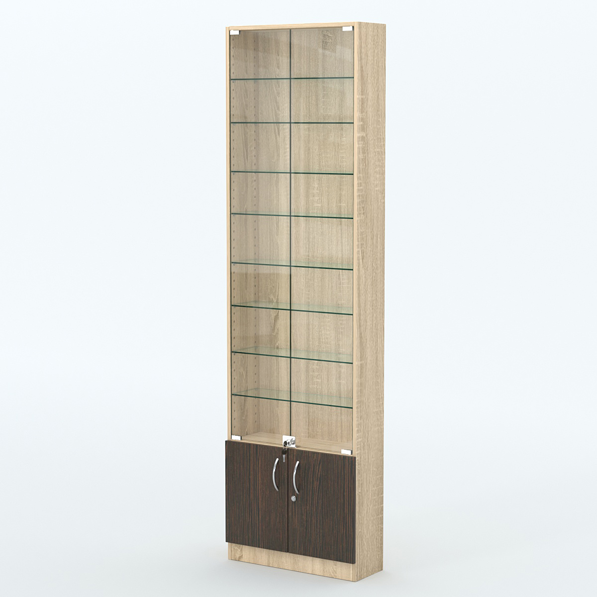 Торговая витрина с 8-ю стеклянными полками 200x600 мм серии NEXT-8 №3 (З/C - ДВП) Дуб Сонома + Дуб Венге