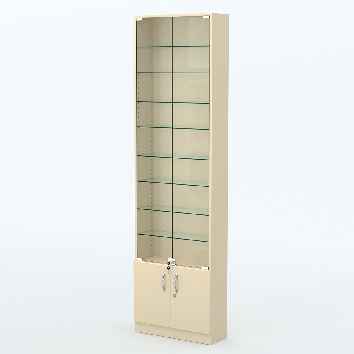 Торговая витрина с 8-ю стеклянными полками 200x600 мм серии NEXT-8 №3 (З/C - ДВП) Крем Вайс