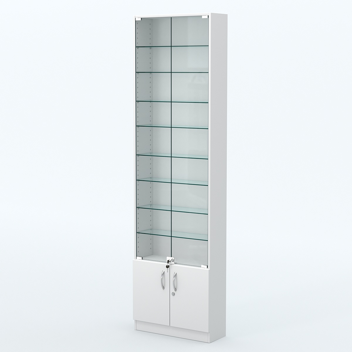 Торговая витрина с 8-ю стеклянными полками 200x600 мм серии NEXT-8 №3 (З/C - ДВП) Белый