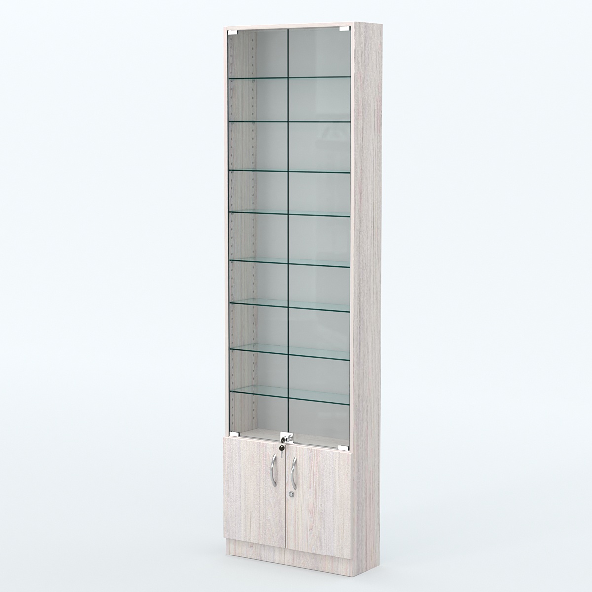 Торговая витрина с 8-ю стеклянными полками 200x600 мм серии NEXT-8 №3 (З/C - ДВП) Ясень Анкор светлый