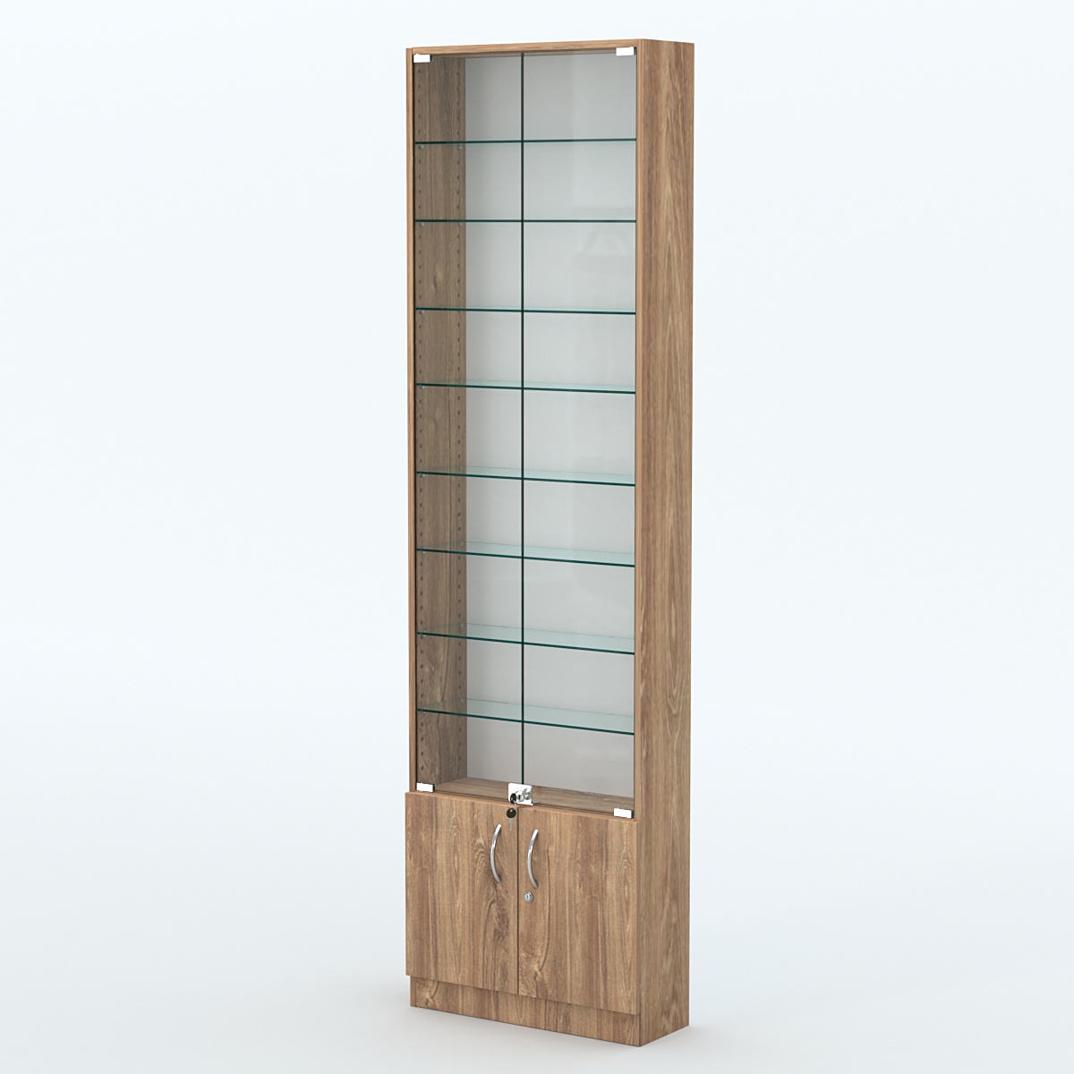 Торговая витрина с 8-ю стеклянными полками 200x600 мм серии NEXT-8 №3 (З/C - ДВП) Дуб Канзас коричневый