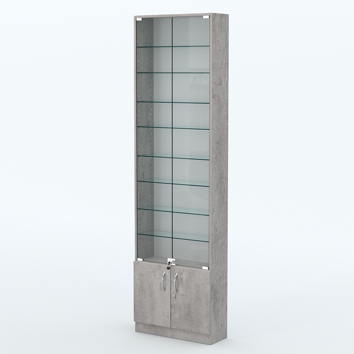 Торговая витрина с 8-ю стеклянными полками 200x600 мм серии NEXT-8 №3 (З/C - ДВП) Бетон Чикаго светло-серый F186 ST9