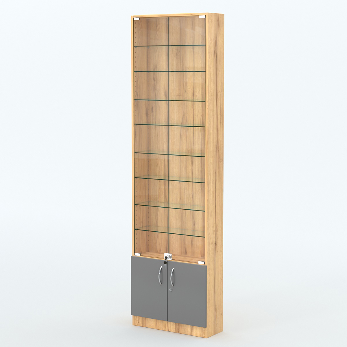 Торговая витрина с 8-ю стеклянными полками 200x600 мм серии NEXT-8 №3 (З/C - ДВП) Дуб Золотистый и Темно-Серый