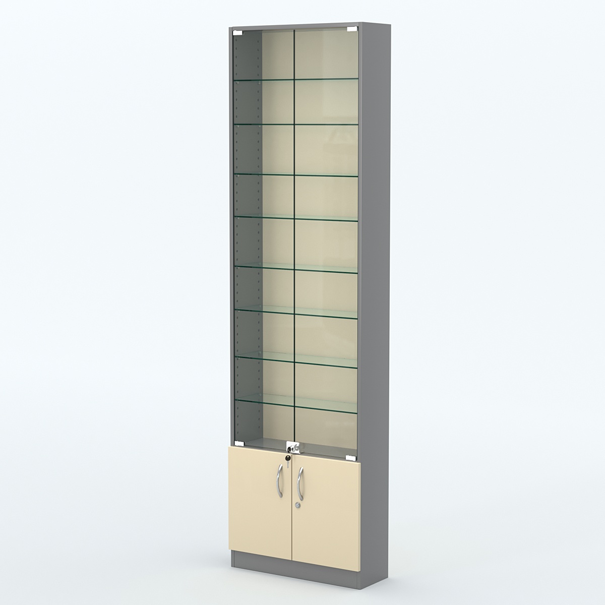 Торговая витрина с 8-ю стеклянными полками 200x600 мм серии NEXT-8 №3 (З/C - ДВП) Темно-серый + Крем Вайс