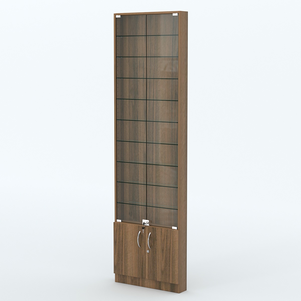 Торговая витрина с 9-ю стеклянными полками 100x600 мм серии NEXT-9 №1 (З/C - ДВП) Орех