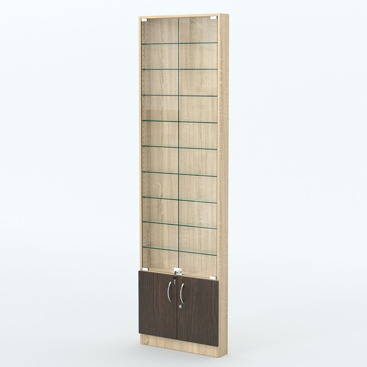 Торговая витрина с 9-ю стеклянными полками 100x600 мм серии NEXT-9 №1 (З/C - ДВП) Дуб Сонома + Дуб Венге