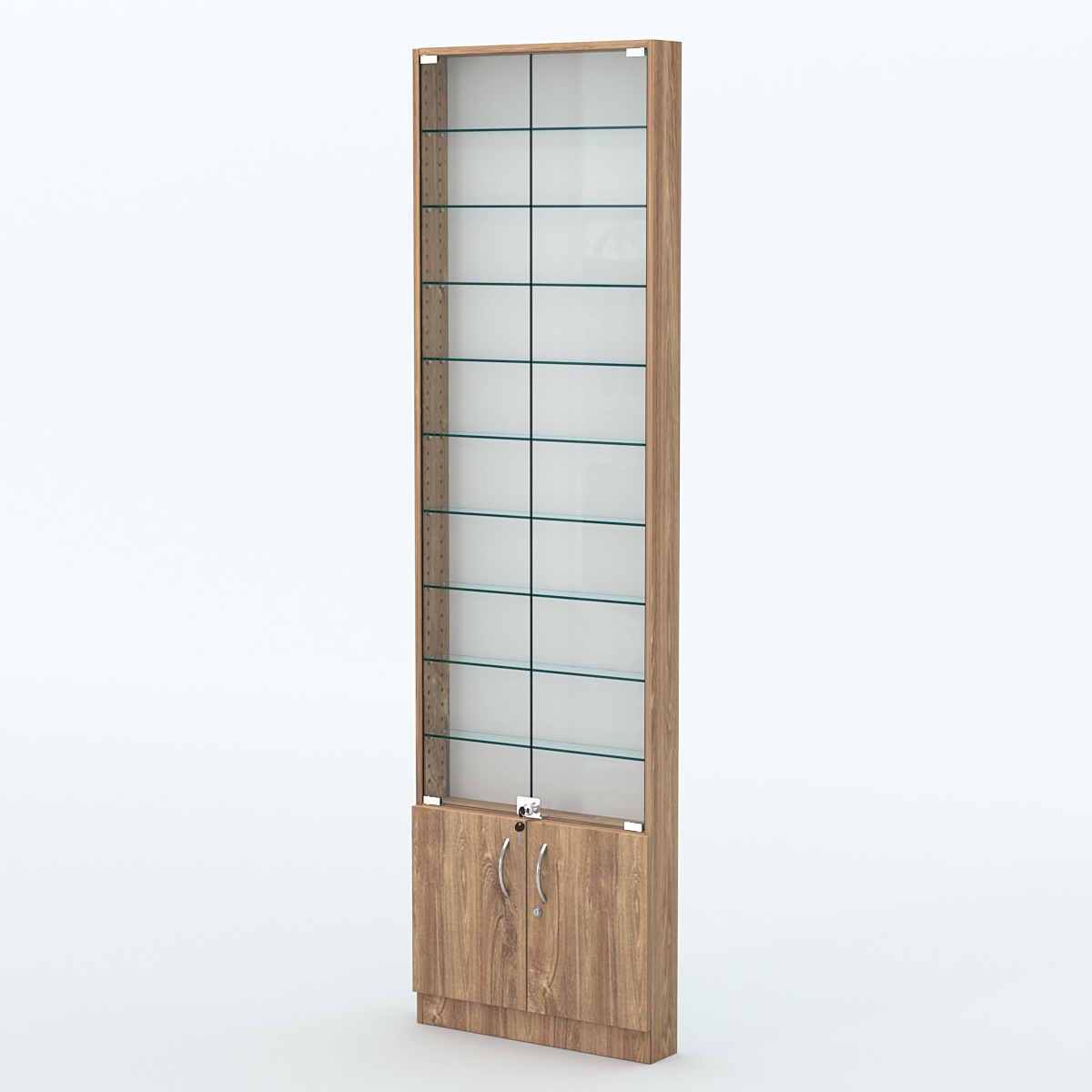 Торговая витрина с 9-ю стеклянными полками 100x600 мм серии NEXT-9 №1 (З/C - ДВП) Дуб Канзас коричневый