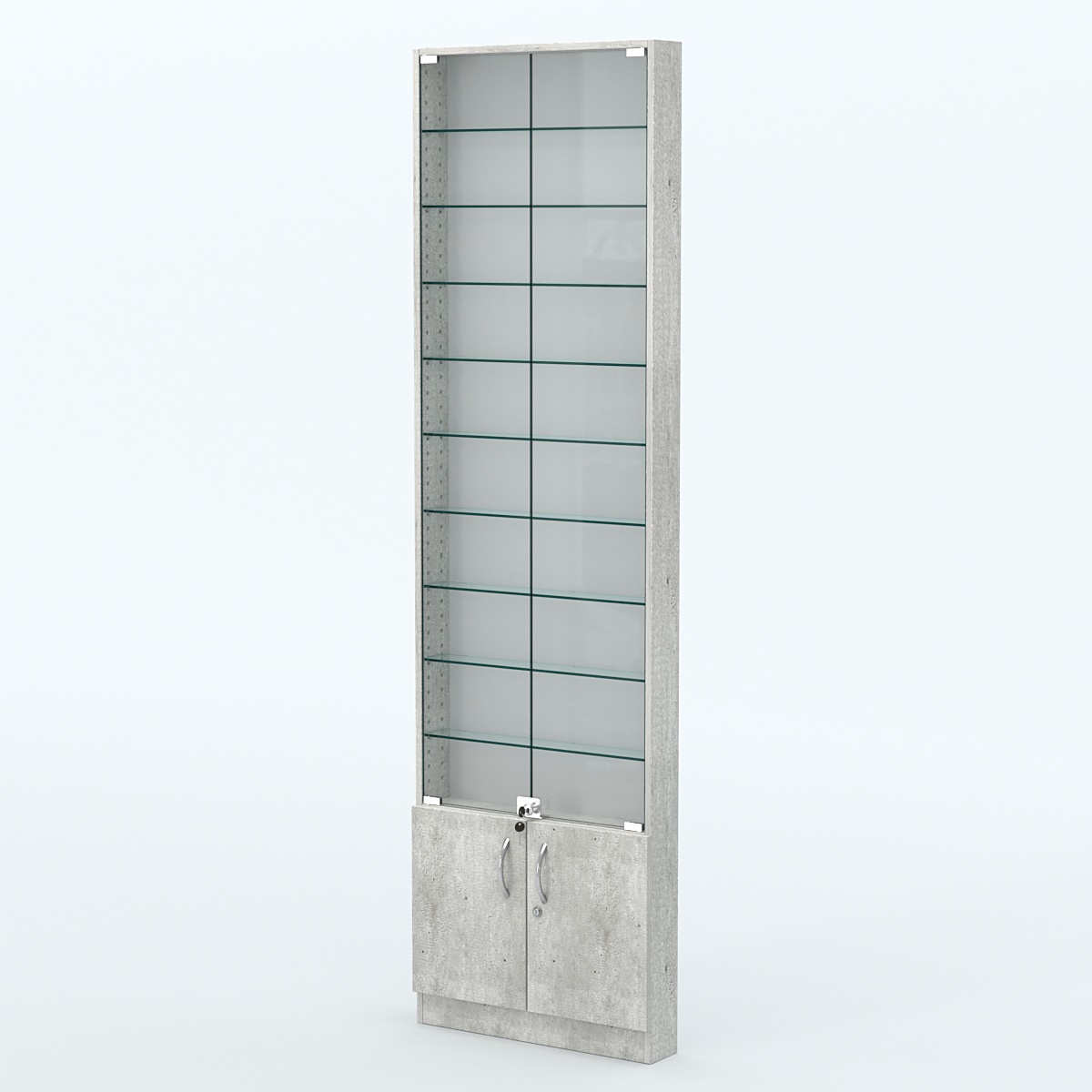 Торговая витрина с 9-ю стеклянными полками 100x600 мм серии NEXT-9 №1 (З/C - ДВП) Метрополитан Грей