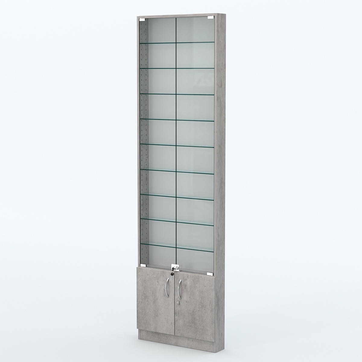Торговая витрина с 9-ю стеклянными полками 100x600 мм серии NEXT-9 №1 (З/C - ДВП) Бетон Чикаго светло-серый F186 ST9