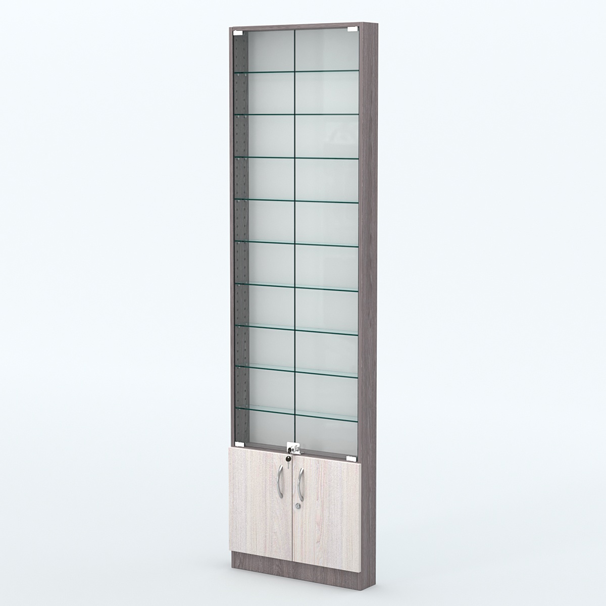 Торговая витрина с 9-ю стеклянными полками 100x600 мм серии NEXT-9 №1 (З/C - ДВП) Ясень Анкор темный + Ясень Анкор светлый