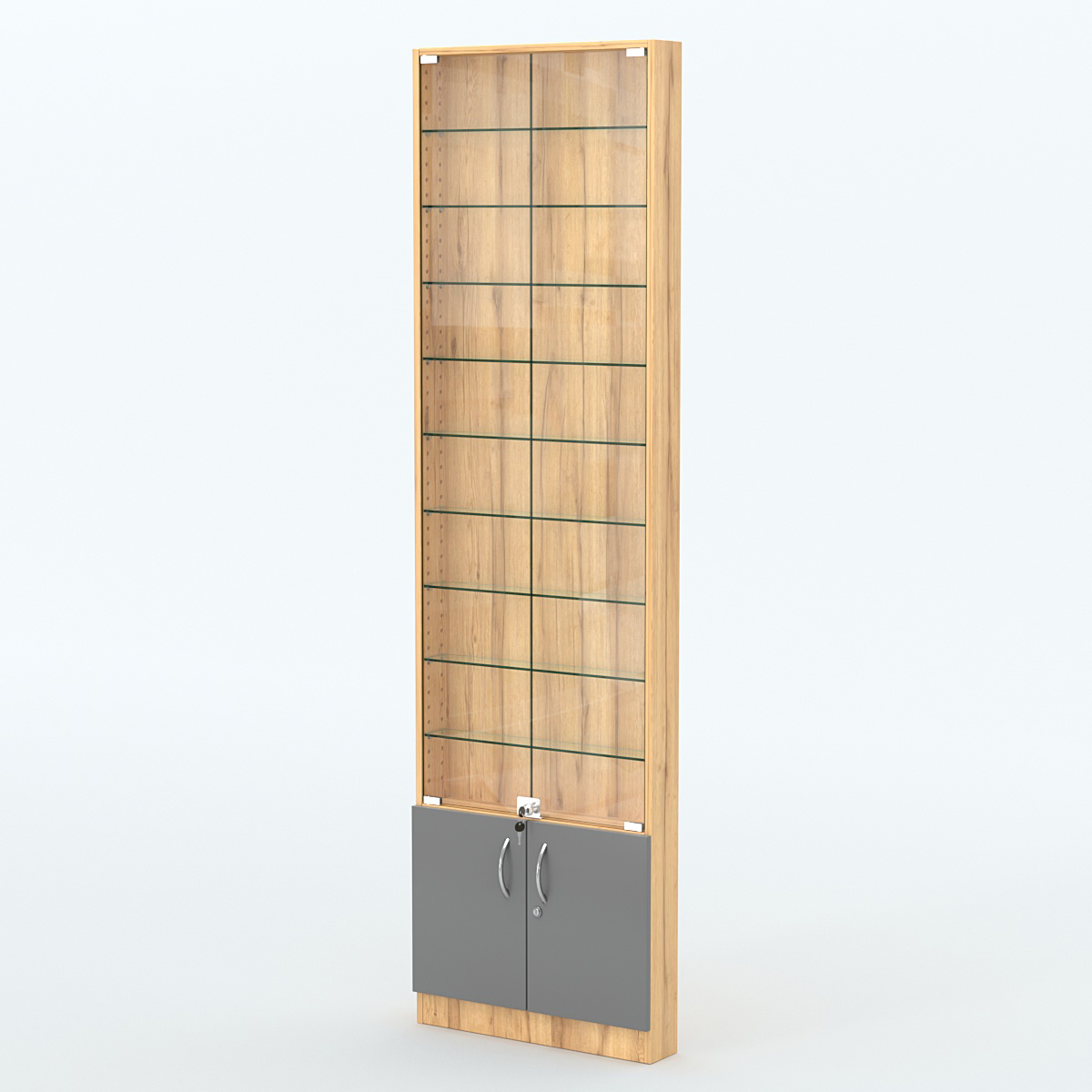 Торговая витрина с 9-ю стеклянными полками 100x600 мм серии NEXT-9 №1 (З/C - ДВП) Дуб Золотистый и Темно-Серый