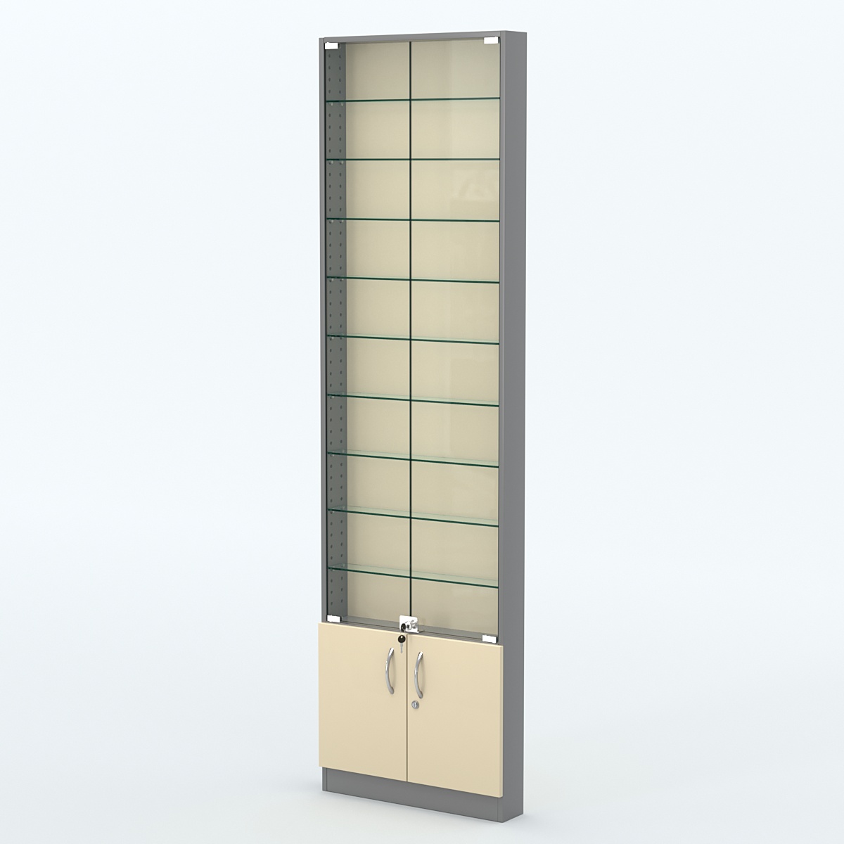 Торговая витрина с 9-ю стеклянными полками 100x600 мм серии NEXT-9 №1 (З/C - ДВП) Темно-серый + Крем Вайс