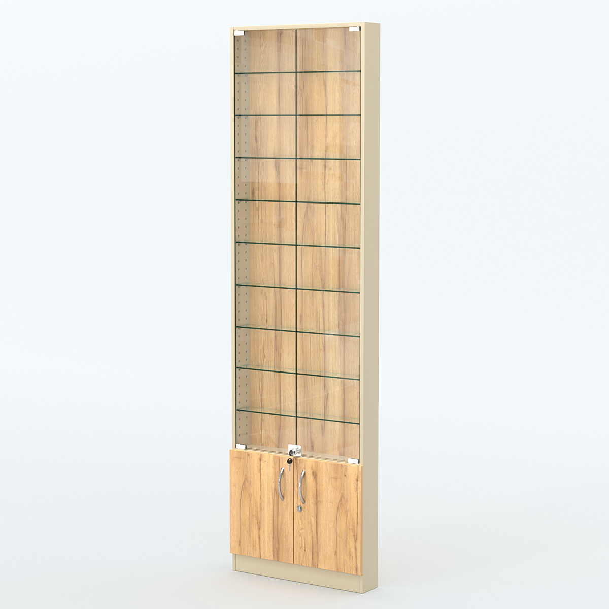 Торговая витрина с 9-ю стеклянными полками 100x600 мм серии NEXT-9 №1 (З/C - ДВП) Крем Вайс и Дуб Золотистый