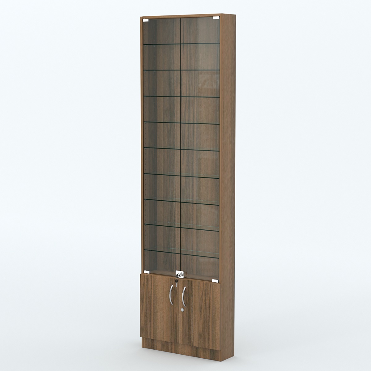 Торговая витрина с 9-ю стеклянными полками 150x600 мм серии NEXT-9 №2 (З/C - ДВП) Орех