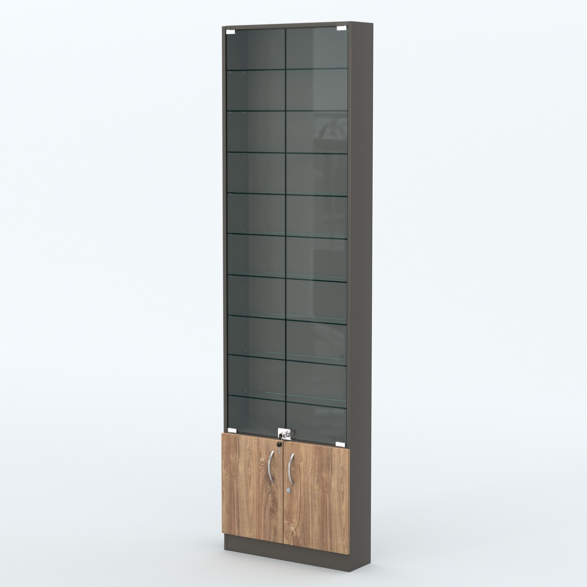 Торговая витрина с 9-ю стеклянными полками 150x600 мм серии NEXT-9 №2 (З/C - ДВП) Черный + Дуб Канзас Коричневый