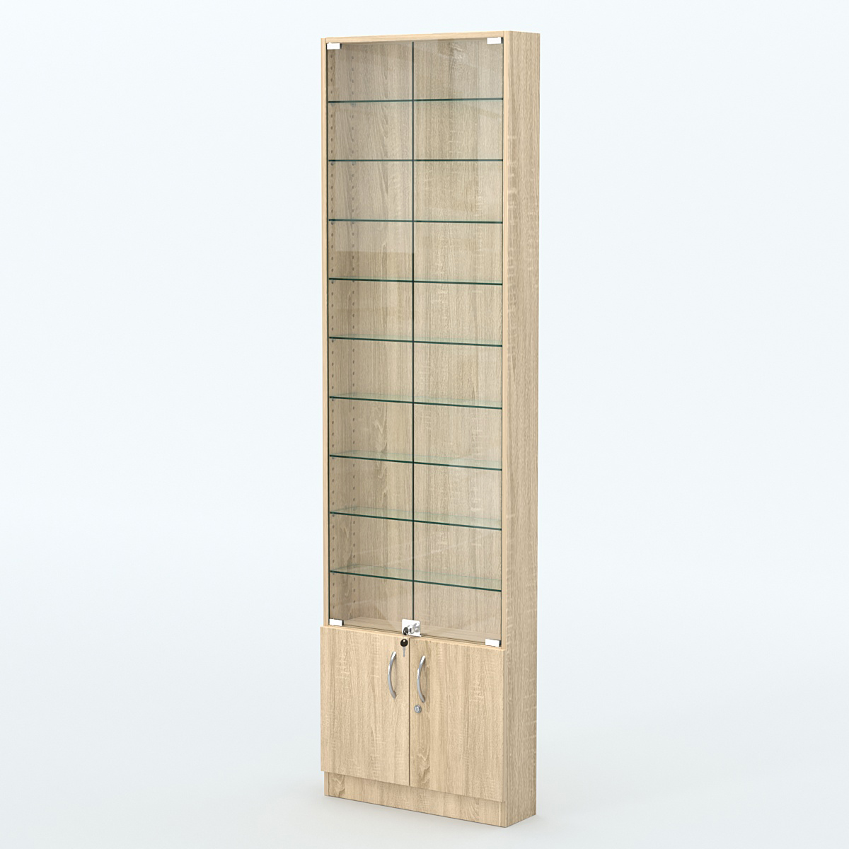 Торговая витрина с 9-ю стеклянными полками 150x600 мм серии NEXT-9 №2 (З/C - ДВП) Дуб сонома