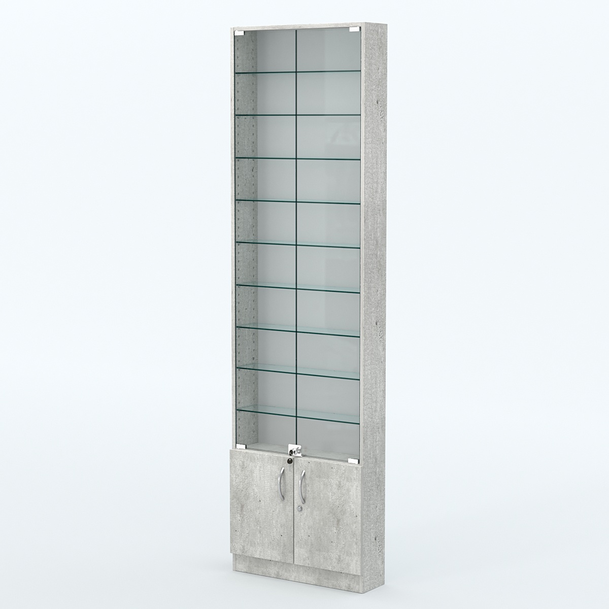 Торговая витрина с 9-ю стеклянными полками 150x600 мм серии NEXT-9 №2 (З/C - ДВП) Метрополитан Грей